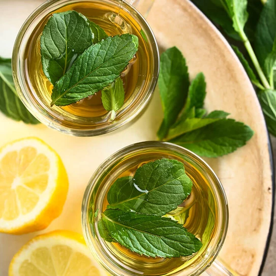 Zwei Teegläser mit Minze und Zitrone von oben fotografiert